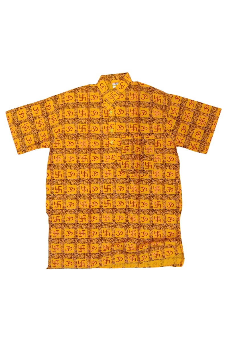 Hitech Sales Cotton Printed Kurta for Men – Traditional Indian Half Sleeve Shirt | Kurta for Puja, Meditation, Temple Wear – Yellow, Comfortable & Breathable