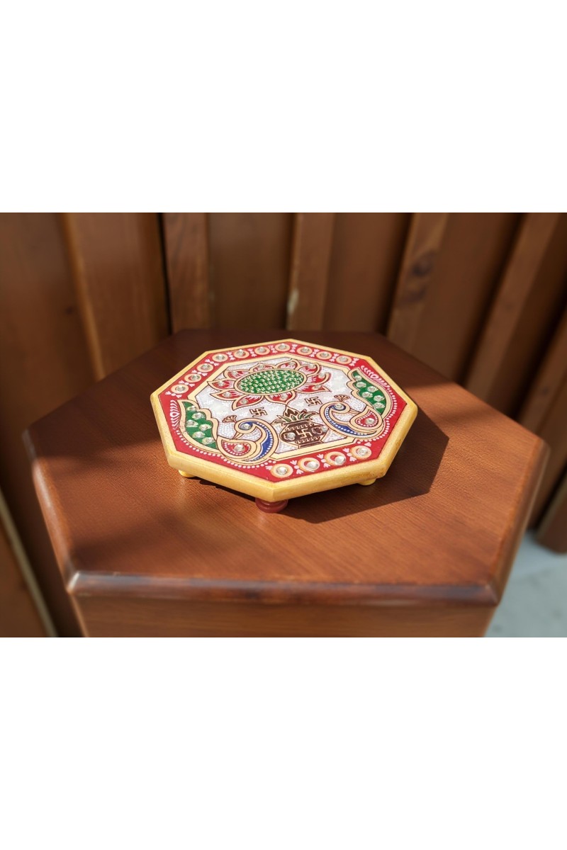HiTechMart Handcrafted Octagon Marble Puja Chowki, Makrana Marble Pooja Platform with Kundan & Enamel Work, Decorative Pooja Chowki for Mandir, Home Temple, Festival, Gift Use – 4 Inch (1, Octagon)