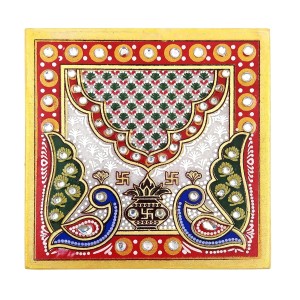 HiTechMart Handcrafted Marble Puja Chowki with Kundan Work, Makrana Marble Pooja Platform with Enamel Painting & Plastic Legs, Decorative Chowki for Mandir, Rituals, Home Décor - 4x4 inch (1, Square)
