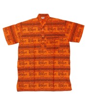 HiTechMart Men's Cotton Kurta Shirt - Yellow Mahakal Print Spiritual Short Sleeve Kurta with Om & Trident Symbols - Casual Hindu Religious Wear (XXL) (in, Alpha, 2XL, Regular, Orange)