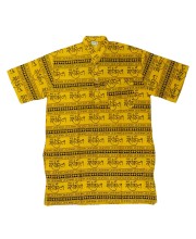 HiTechMart Men's Cotton Kurta Shirt - Yellow Mahakal Print Spiritual Short Sleeve Kurta with Om & Trident Symbols - Casual Hindu Religious Wear (XXL) (in, Alpha, 2XL, Regular, Light Yellow)