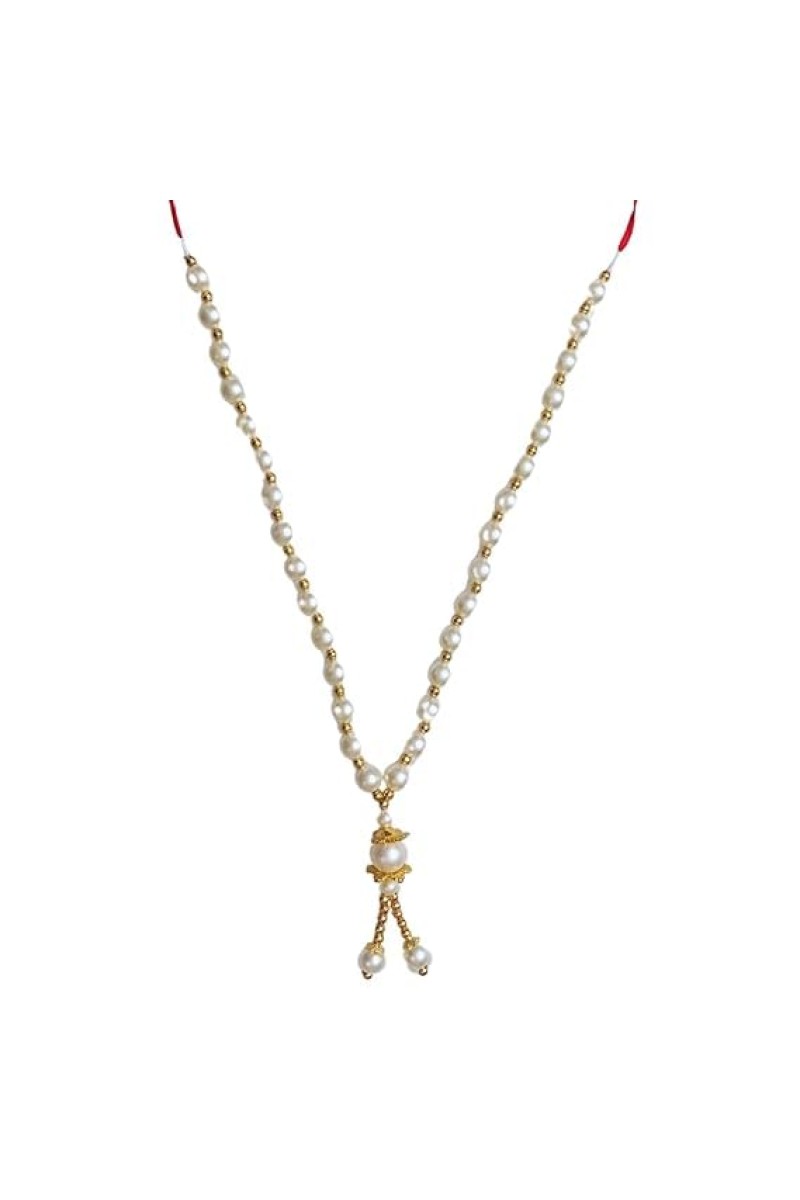 Hitech Sales Artificial Pearl Garland Mala Necklace | Decorative Pearl Chain for Pooja, Mandir, and Festive Decorations | White and Gold Beads Mala with Hanging Pendant