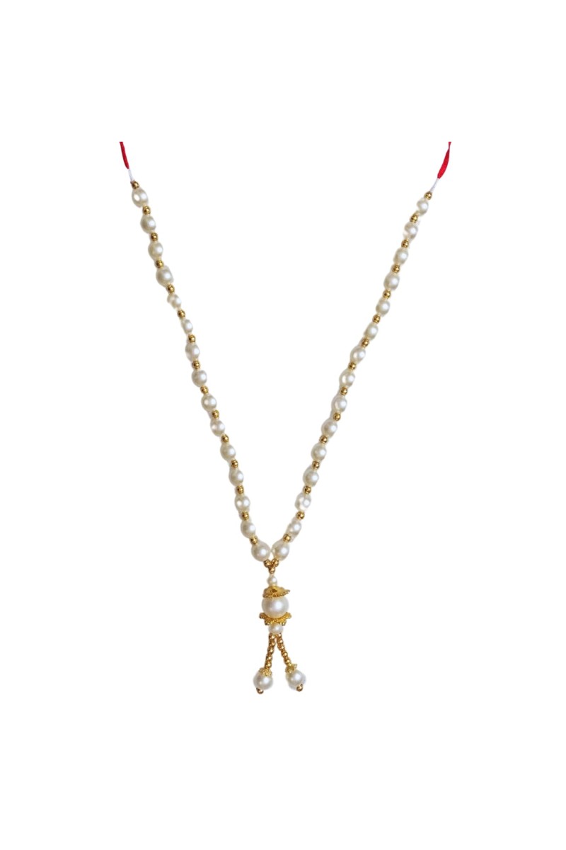 Hitech Sales Artificial Pearl Garland Mala Necklace | Decorative Pearl Chain for Pooja, Mandir, and Festive Decorations | White and Gold Beads Mala with Hanging Pendant (Small, 1, Piece)