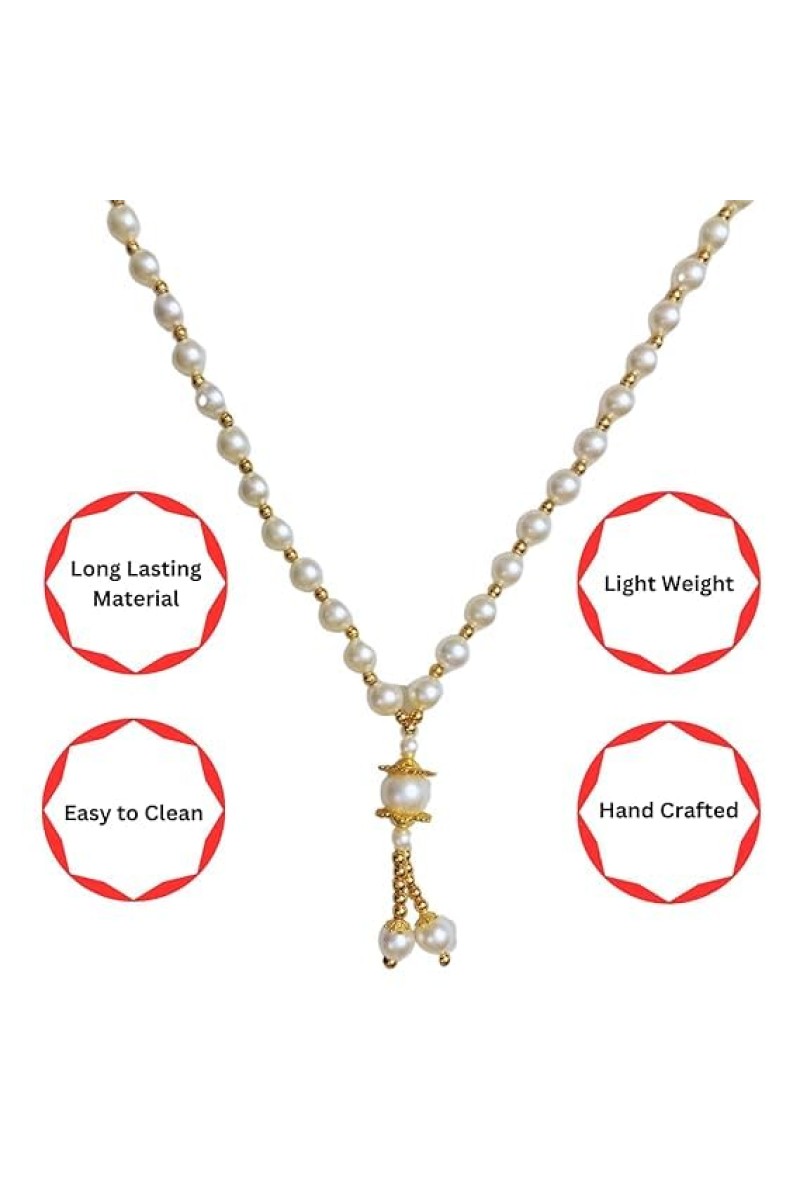 Hitech Sales Artificial Pearl Garland Mala Necklace | Decorative Pearl Chain for Pooja, Mandir, and Festive Decorations | White and Gold Beads Mala with Hanging Pendant