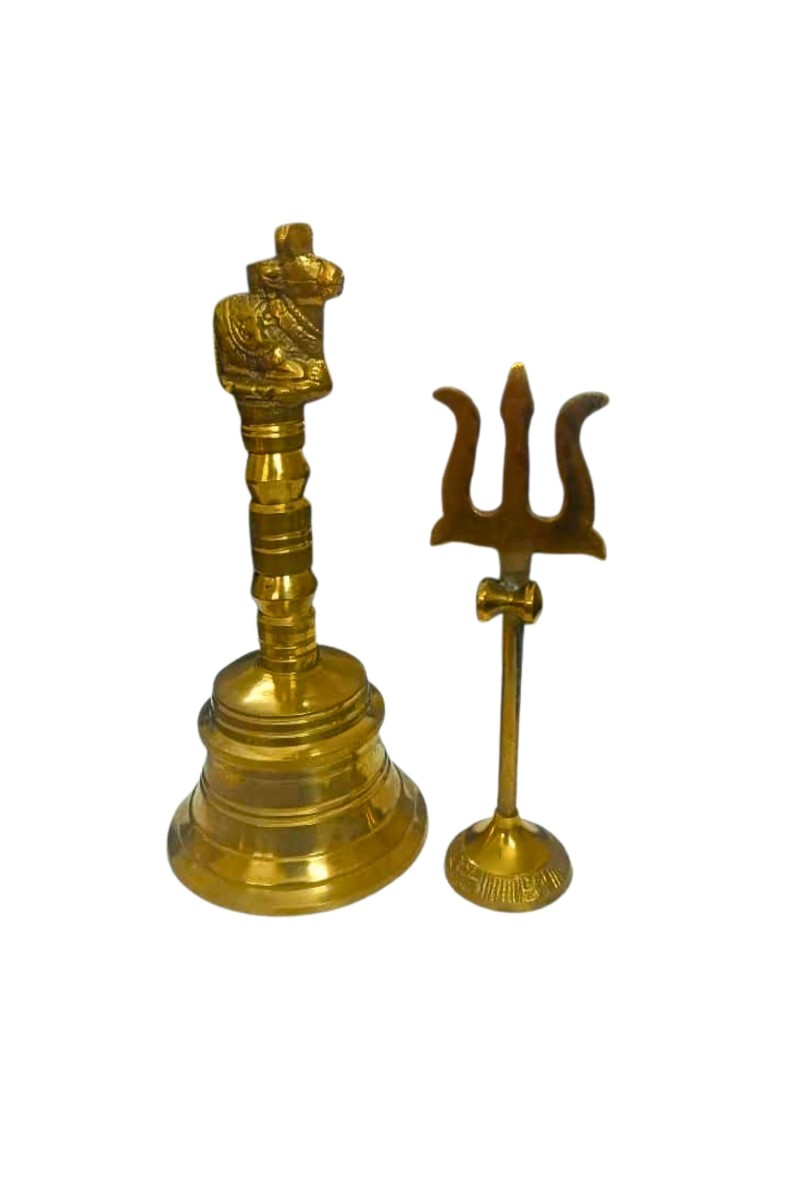 Pure Brass Nandi ghanti design with Trishul | Traditional Pooja Ghanti and Trishul Set for Mandir | Handcrafted Brass Religious Decor for Home, Temple & Festive Rituals (combo of 2)