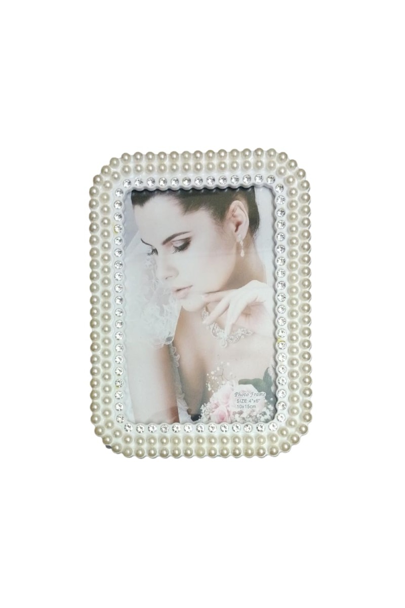HiTechMart Table Photo Frame for Home Décor | Rectangular Wedding Photo Frame (4x6 Inch, White) | Beautiful Pearl & Crystal Design | Personalised Gift for Anniversary, Valentine, Birthday