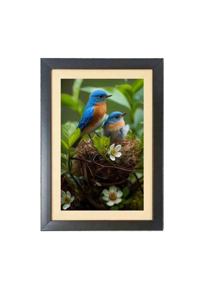 A couple of birds are sitting in a nest Photo Frame Funny Animal and Bird Cartoon Art, Black color, 15x19 Inch