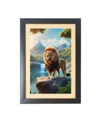 The wild lion is standing alone Photo Frame Funny Animal and Bird Cartoon Art, Black color, 11x15 Inch