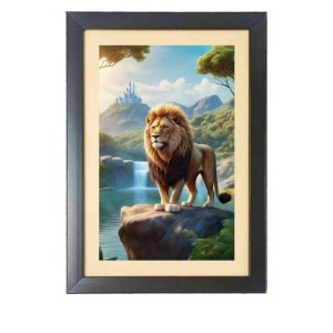 The wild lion is standing alone Photo Frame Funny Animal and Bird Cartoon Art, Black color, 11x15 Inch