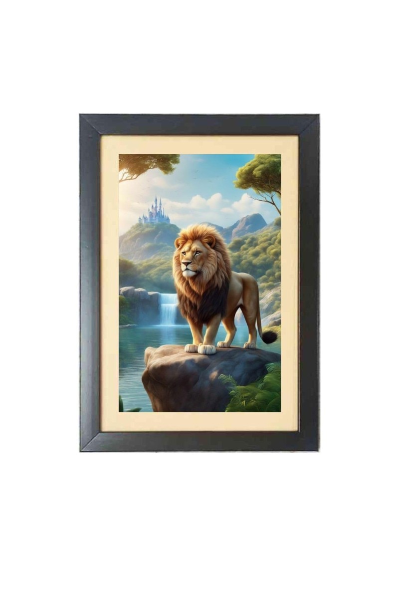 The wild lion is standing alone Photo Frame Funny Animal and Bird Cartoon Art, Black color, 19x23 Inch