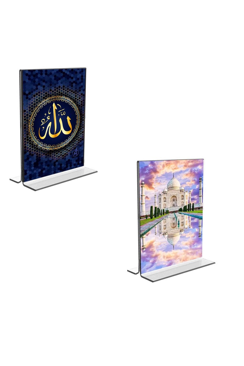 Car Desk/Table Top Taj Mahal Islamic Allah Acrylic T-Style Photo Stand - 2.5x3.5 Inches, Compact and Stylish Spiritual Display, easily change 2 photos (Pack of 1)