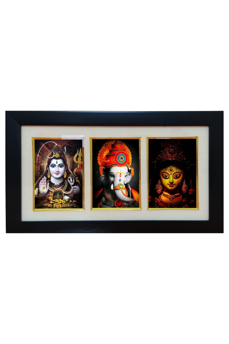 Hitech God Shiv, Ganesh & Ma Durga Wood photo Frame with Glass || Three pictures in one Frame || Three Gods in Single Frame || Frame for Pooja, wall decoration