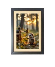 Adorable Hedgehog Holding a flower Black Photo Frame Funny Animal and Bird Cartoon Art