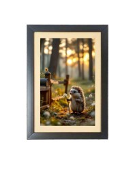 Adorable Hedgehog Holding a flower Photo Frame Funny Animal and Bird Cartoon Art, Black color, 17x21 Inch
