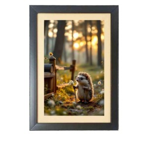 Adorable Hedgehog Holding a flower Photo Frame Funny Animal and Bird Cartoon Art, Black color, 17x21 Inch