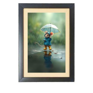 The mouse under umbrella Photo Frame Funny Animal and Bird Cartoon Art, Black color, 17x21 Inch