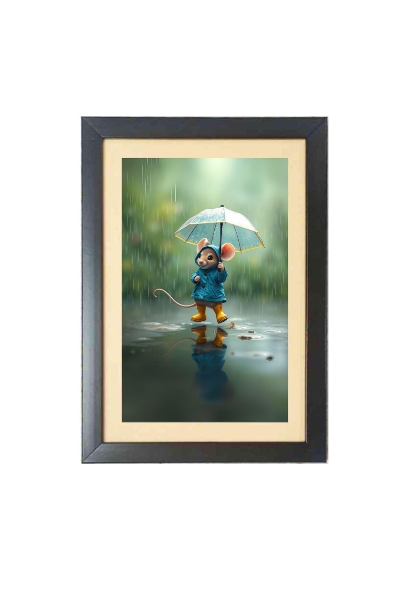 The mouse under umbrella Black Photo Frame Funny Animal and Bird Cartoon Art