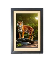 The wild tiger walk Photo Frame Funny Animal and Bird Cartoon Art, Black color, 13x17 Inch