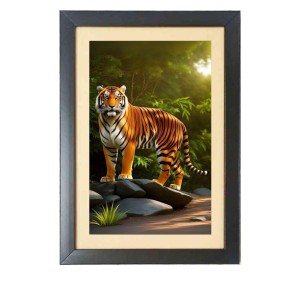 The wild tiger walk Photo Frame Funny Animal and Bird Cartoon Art, Black color, 13x17 Inch
