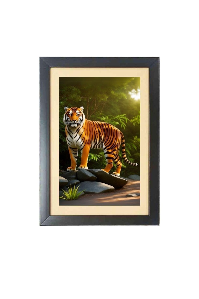 The wild tiger walk Photo Frame Funny Animal and Bird Cartoon Art, Black color, 19x23 Inch