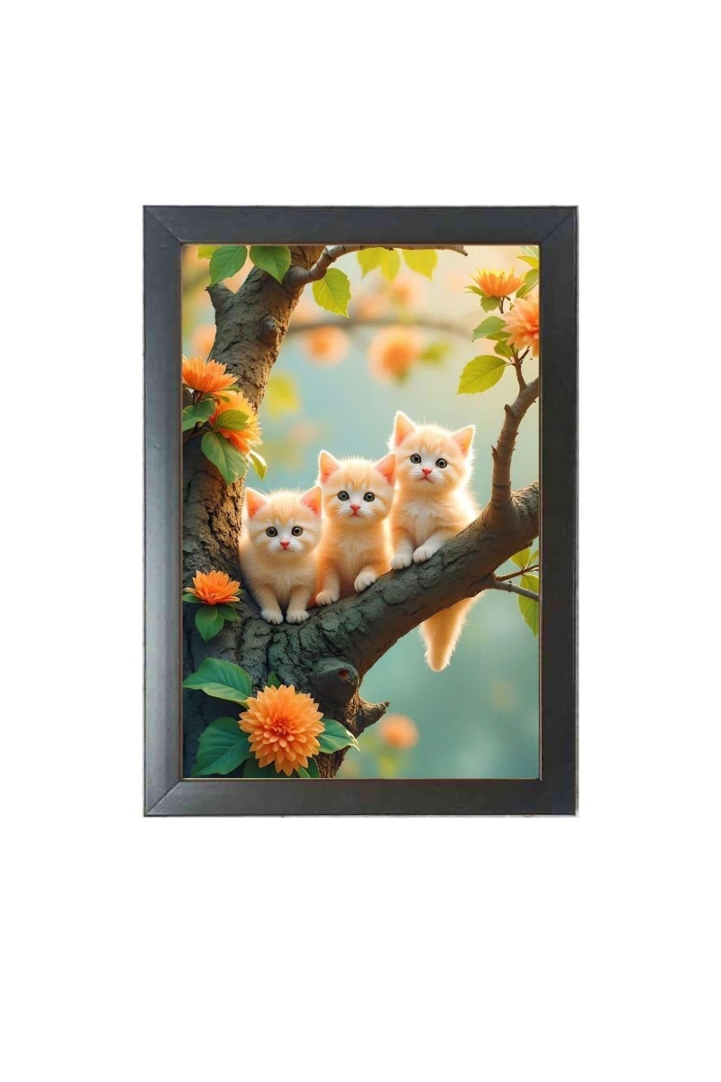 The three cute cats are sitting on the branch Black Photo Frame Funny Animal and Bird Cartoon Art