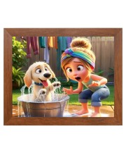 AI Funny Girl with Dog Art Picture for Kids - 12x16 inches, Brown Color - Perfect Wall Decor for Children's Room