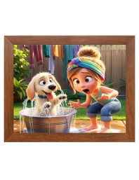 AI Funny Girl with Dog Art Picture for Kids - 14x18 inches, Brown Color - Perfect Wall Decor for Children's Room