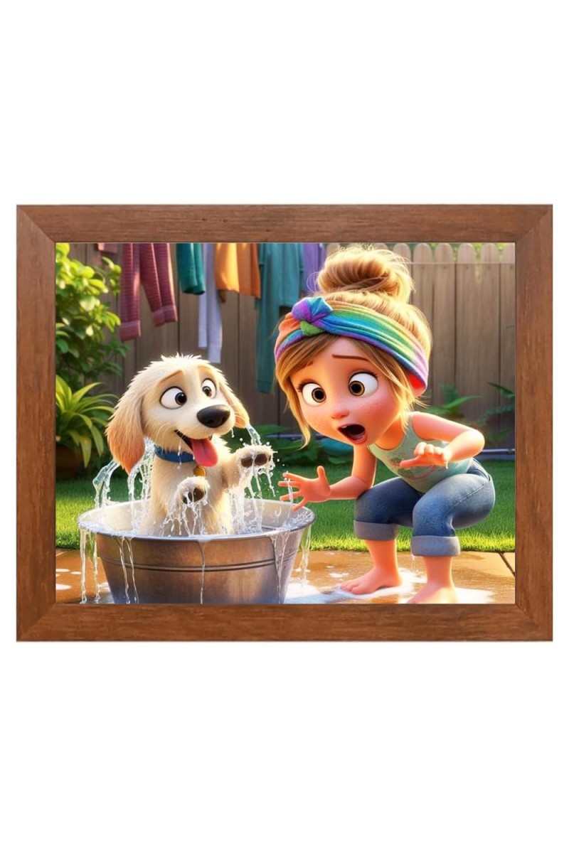 AI Funny Girl with Dog Art Picture for Kids - 14x18 inches, Brown Color - Perfect Wall Decor for Children's Room