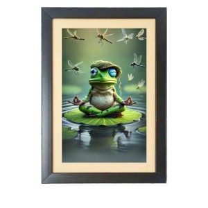 The funny frog is meditating Black Photo Frame Funny Animal and Bird Cartoon Art The funny frog is meditating Black Photo Frame Funny Animal and Bird Cartoon Art