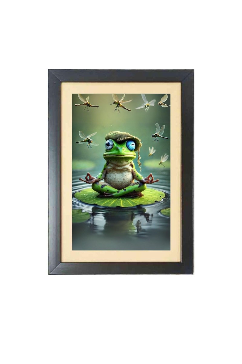 The funny frog is meditating Photo Frame Funny Animal and Bird Cartoon Art, Black color, 19x23 Inch