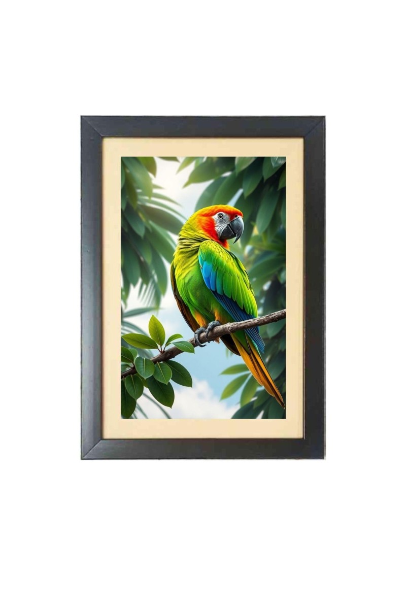 The colorful bird is sitting on tree branch Photo Frame Funny Animal and Bird Cartoon Art, Black color, 19x23 Inch