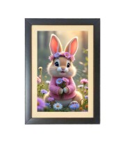The cute rabbit is holding flowers Photo Frame Funny Animal and Bird Cartoon Art, Black color, 17x21 Inch