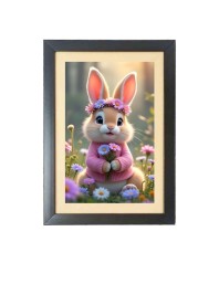 The cute rabbit is holding flowers Photo Frame Funny Animal and Bird Cartoon Art, Black color, 17x21 Inch