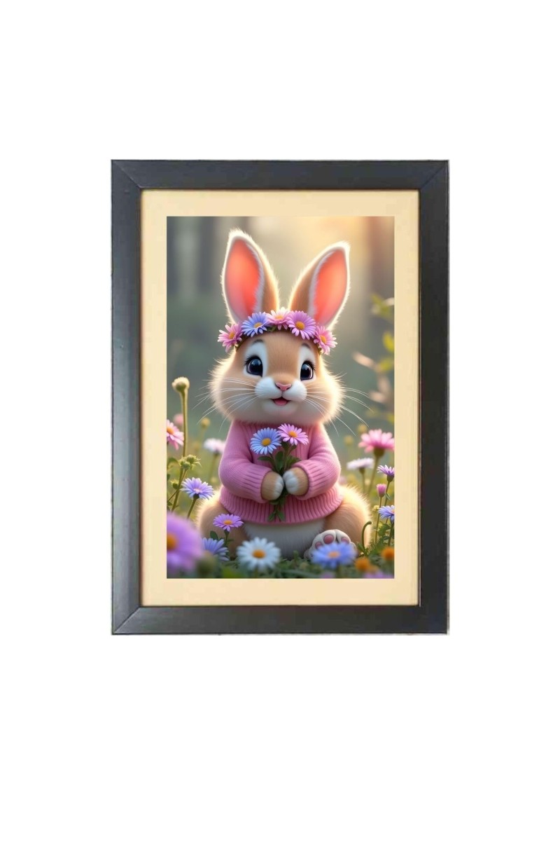 The cute rabbit is holding flowers Photo Frame Funny Animal and Bird Cartoon Art, Black color, 19x23 Inch