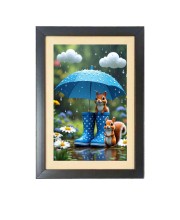 The cute cartoon squirrels under umbrella Photo Frame Funny Animal and Bird Cartoon Art, Black color, 17x21 Inch