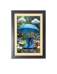 The cute cartoon squirrels under umbrella Photo Frame Funny Animal and Bird Cartoon Art, Black color, 15x19 Inch