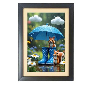 The cute cartoon squirrels under umbrella Photo Frame Funny Animal and Bird Cartoon Art, Black color, 17x21 Inch