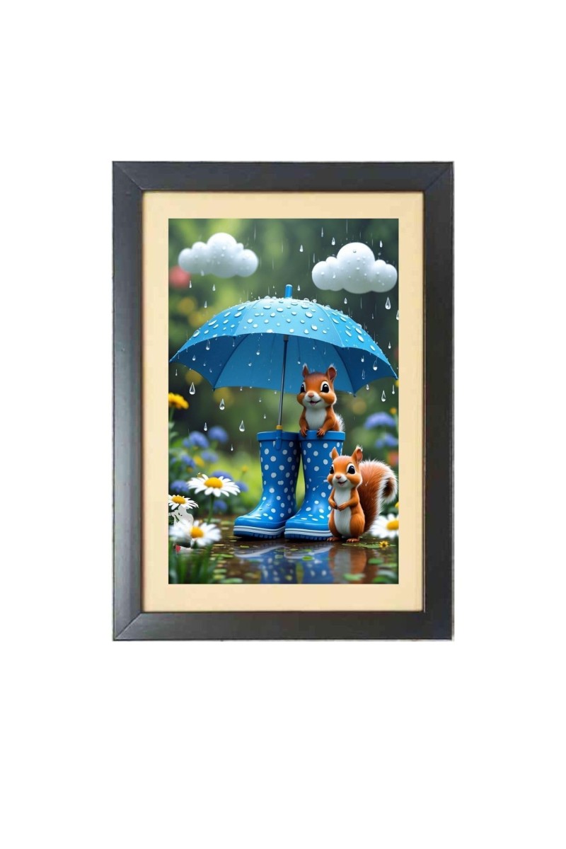 The cute cartoon squirrels under umbrella Photo Frame Funny Animal and Bird Cartoon Art, Black color, 17x21 Inch