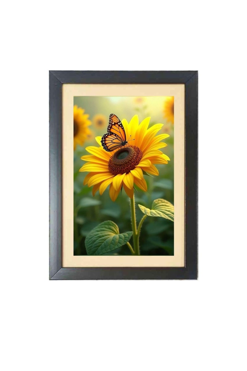 The beautiful butterfly near sunflower Black Photo Frame Funny Animal and Bird Cartoon Art