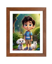 AI Funny Boy With Cute Dog Art Picture for Kids - 10x14 inches, Brown Color - Perfect Wall Decor for Children's Room