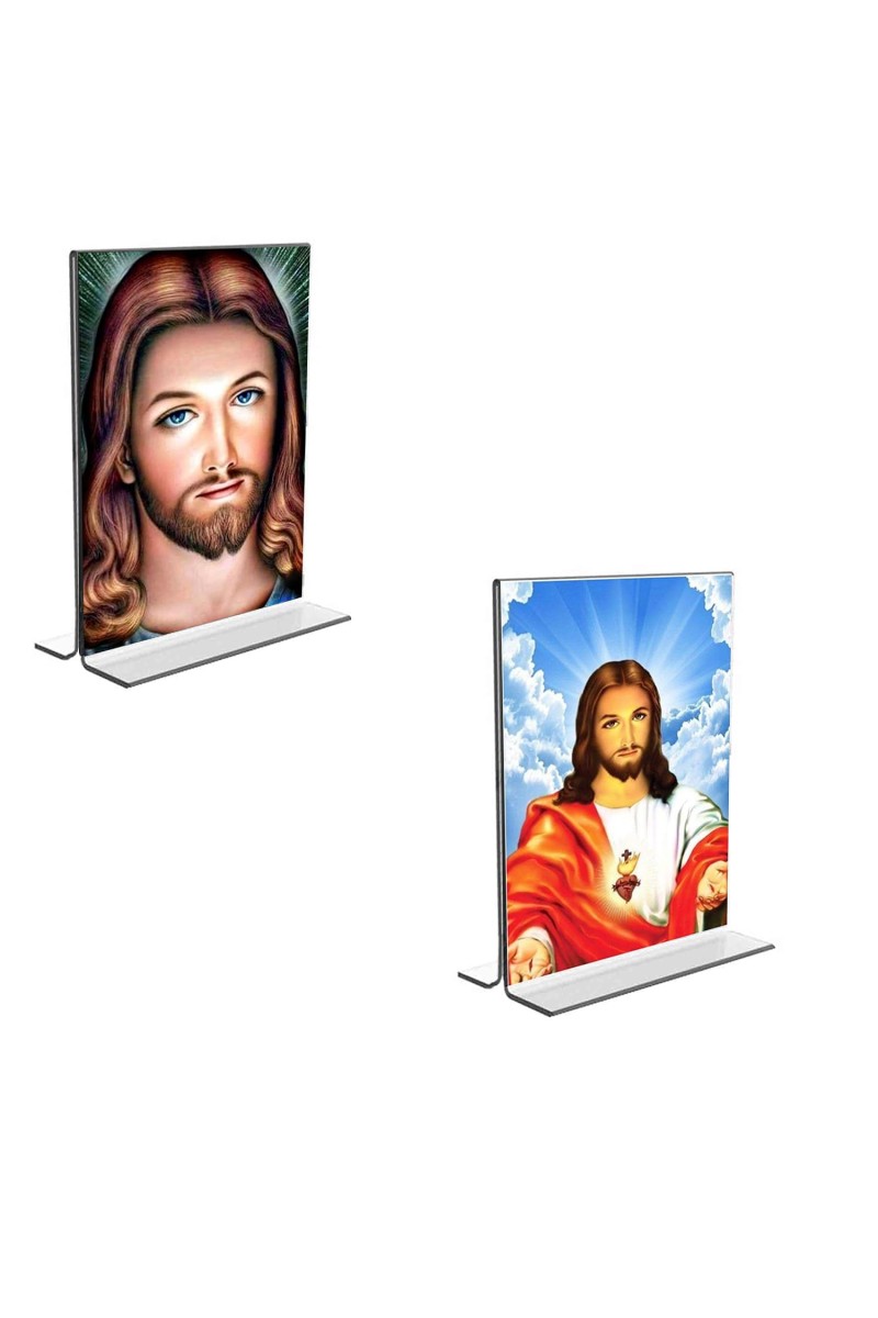 Car Desk/Table Top Jesus Crist Acrylic T-Style Photo Stand - 2.5x3.5 Inches, Compact and Stylish Spiritual Display, easily change 2 photos (Pack of 1)