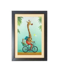 The cartoon animal is riding a bicycle Photo Frame Funny Animal and Bird Cartoon Art, Black color, 19x23 Inch