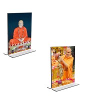 Car Desk/Table Top Sri Ramakrishna Paramhansa & Swami Narayan Acrylic T-Style Photo Stand - 2.5x3.5 Inches, Compact and Stylish Spiritual Display, easily change 2 photos (Pack of 1)