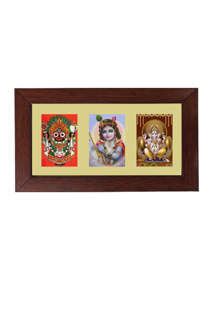 Sri Jagannath, Sri krishna and Sri Ganesh Color Photo Frame -14X7.5 Inch, Elegant Religious Home & Temple Decor
