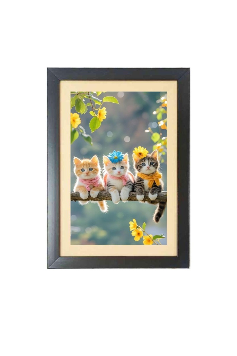 Three lovely cats are sitting on the branch Black Photo Frame Funny Animal and Bird Cartoon Art