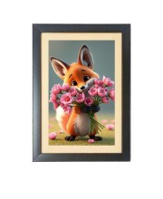 Sweet Fox Holding A Lovely Flowers Black Photo Frame Funny Animal and Bird Cartoon Art