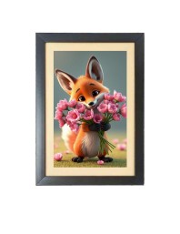 Sweet Fox Holding A Lovely Flowers Photo Frame Funny Animal and Bird Cartoon Art, Black color, 11x15 Inch