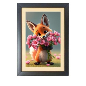 Sweet Fox Holding A Lovely Flowers Photo Frame Funny Animal and Bird Cartoon Art, Black color, 11x15 Inch