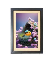 The cute bird is sitting in the nest Black Photo Frame Funny Animal and Bird Cartoon Art