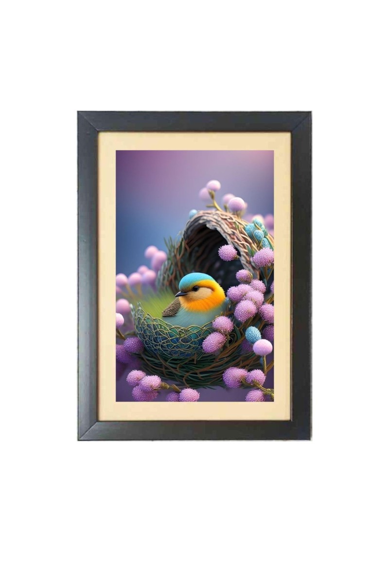 The cute bird is sitting in the nest Black Photo Frame Funny Animal and Bird Cartoon Art